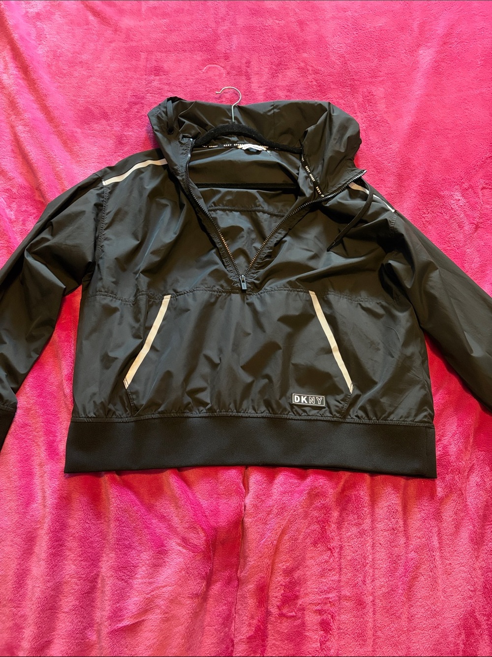 DKNY Black Hooded Rain Jacket with Contrast Trim